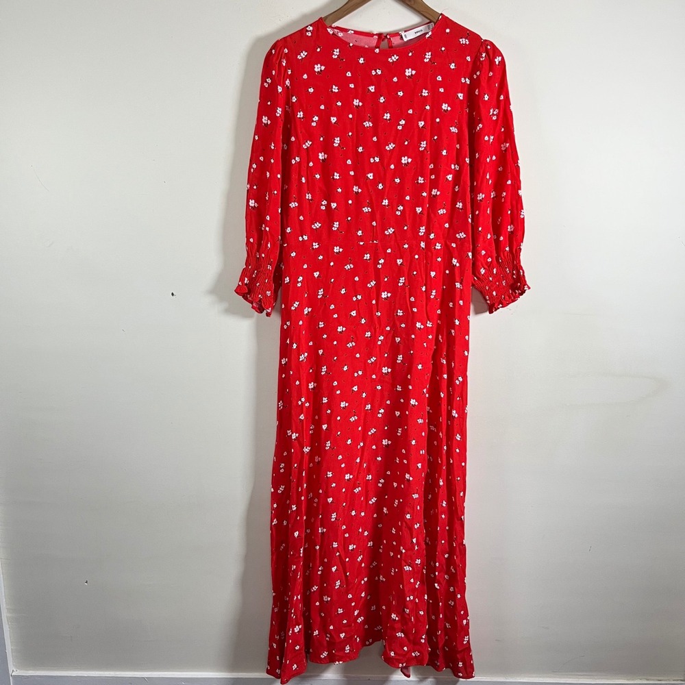 MNG Mango Red Floral Midi Dress Womens Medium Puff Sleeves Boho Cottagecore